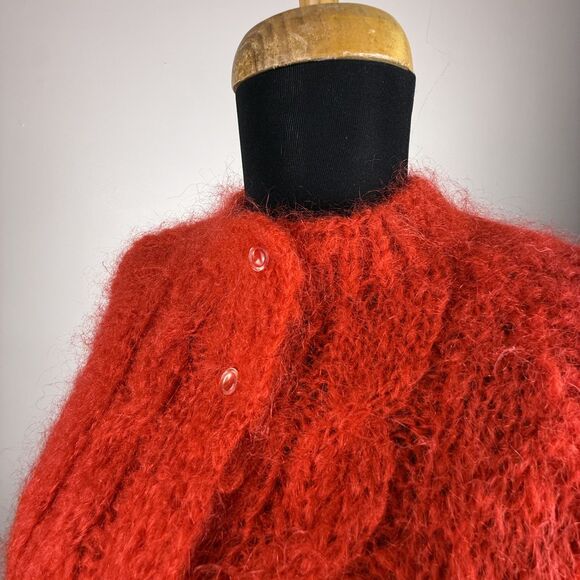 Vintage Hand Knit Red Mohair Cardigan Sweater | Fuzzy Cable Knit Button Front - Picture 3 of 12
